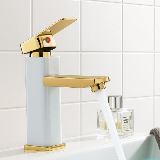 robinet lavabo carre blanc or